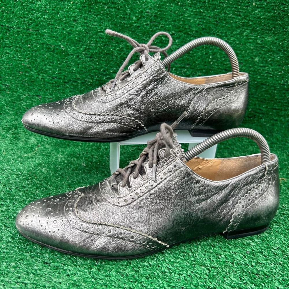 Enzo Angiolini EAPAWL Metallic Silver Leather Wingtip Oxford Brogue Flats Mens 8